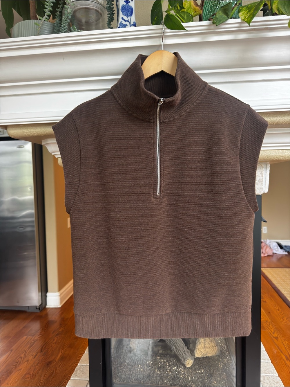 Calia Ottoman SLeeveless brown Ribbed 1/4 Zip Shirt Mockneck Athleisure Small